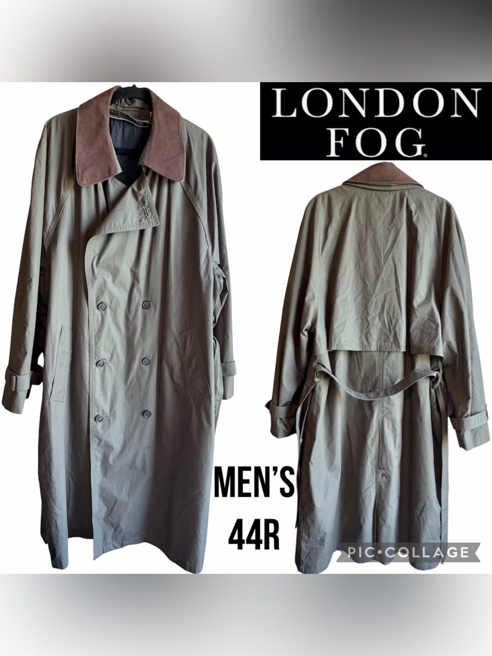VTG London Fog Mens Coat Trench Olive Winter Liner Belted Double Breasted 44R